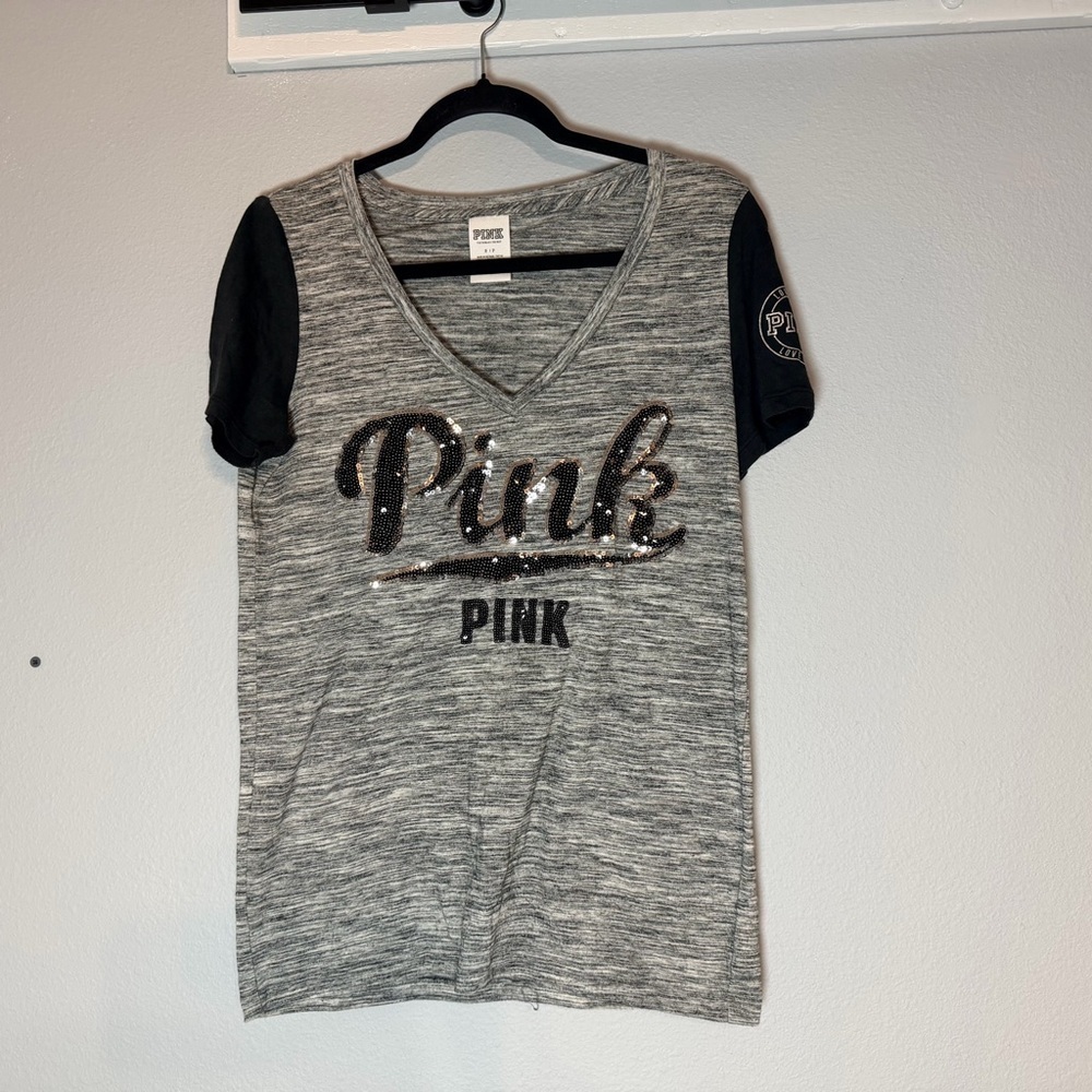 PINK Victoria's Secret Y2K Sequin Logo Spellout Short Sleeve T-Shirt Size Small